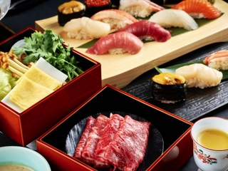 【ご夕食】メインは和牛しゃぶしゃぶと厳選ネタのお寿司をご用意。お寿司は贅沢にお好きなだけ。