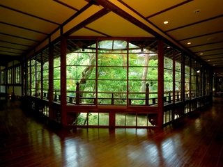 【館内回廊】大きな窓から望む修善寺の自然、昼は暖かい日差し、夜は美しいライトアップを…