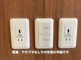 【客室:設備】全室USBコンセント。電源アダプタなしで充電が可能です。