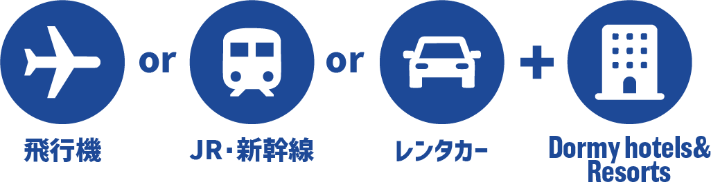 飛行機orJR・新幹線orレンタカー+全国の共立グループホテル