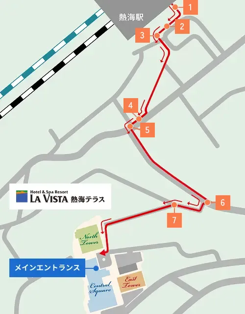 階段を利用しない場合の徒歩ルートの図