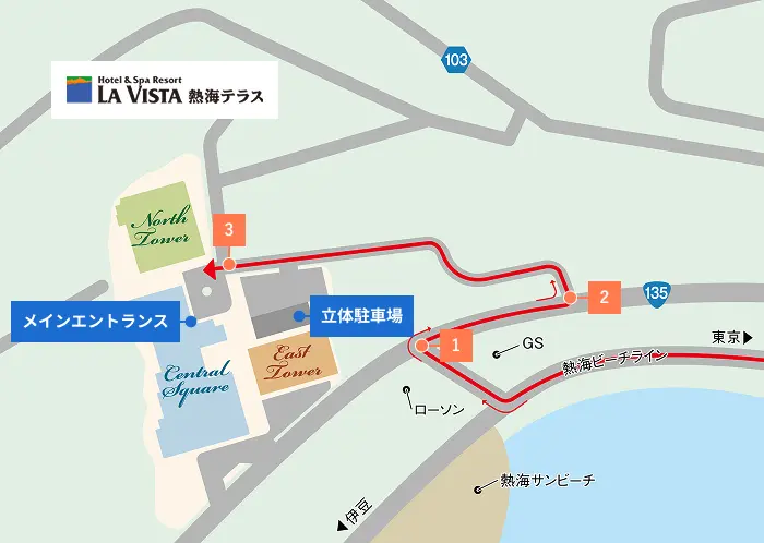 熱海ビーチラインからラビスタ熱海テラスまでの地図