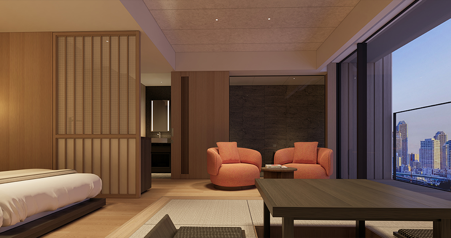 和モダンの客室から東京の街並みを一望できるプレミアムラビスタツイン