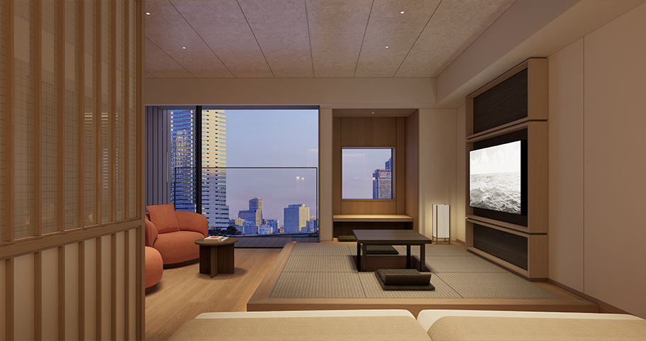 畳の小上がりから東京の高層ビル群を望むプレミアムラビスタツイン