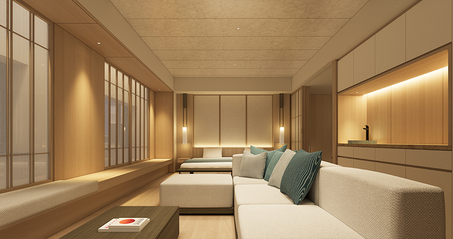 木と障子を基調とした和モダンの広いリビングのあるプレミアムラビスタフォース