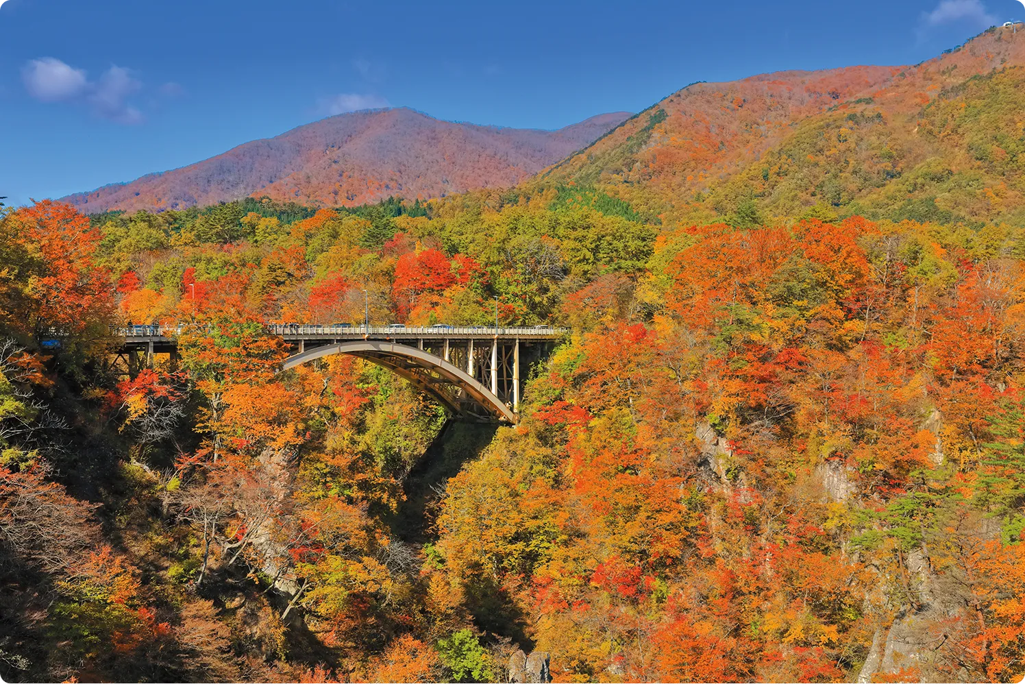 鳴子峡の紅葉 見ごろは例年10月下旬～11月上旬